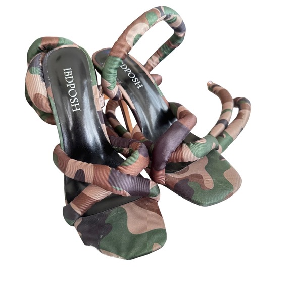 IBDPOSH Camo Heels Fat Strappy Tie Up Stiletto Sandals 6.5 women's  EUC preloved - Picture 1 of 16